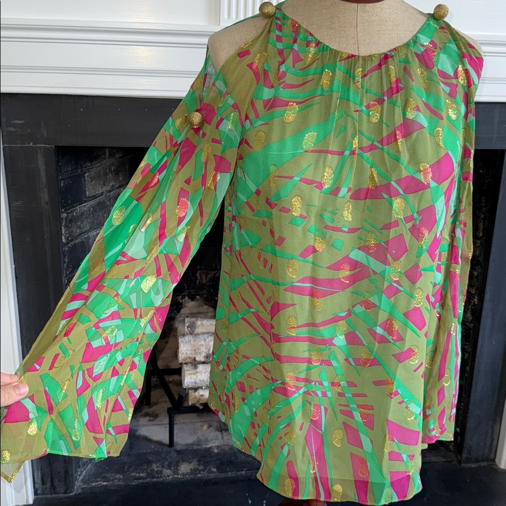 Milly New York Blouse Resort Silk Tropical Green Pink Gold Womens Size 6 - Picture 3 of 16